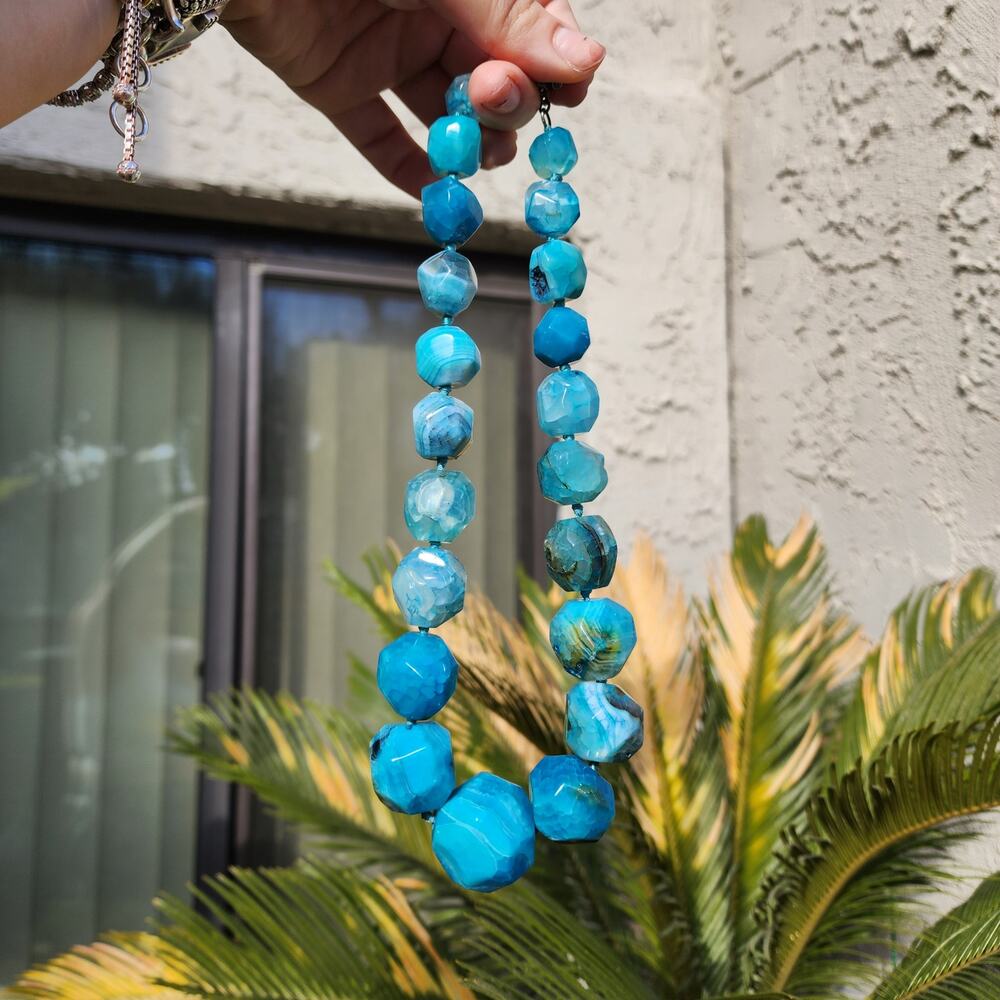 Lucas Lameth Blue Dragon Vein Agate Necklace LUC 925 Chunky Faceted Large Bead - Picture 9 of 11